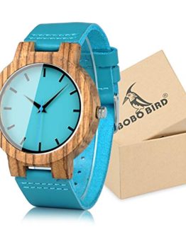 BOBO BIRD Men's Bamboo Wooden Watch with Blue Cowhide Leather Strap