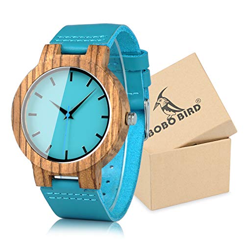 BOBO BIRD Men's Bamboo Wooden Watch with Blue Cowhide Leather Strap