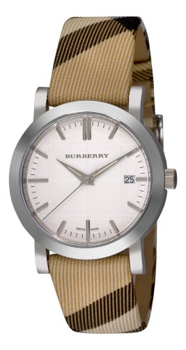 Burberry Women's Check Engraved White Dial Check Strap Watch