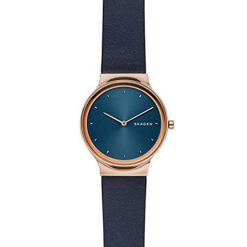 Skagen Women's Quartz Stainless Steel and Leather Casual Watch, Color:Blue