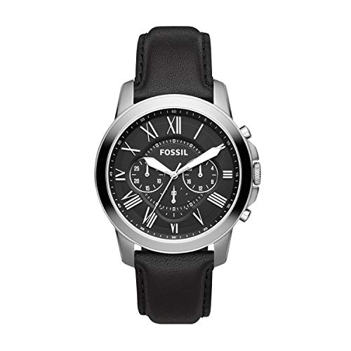 Fossil Men's Grant, Stainless Steel with Black Leather Strap Watch