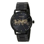 Elegant Coach Grand Women's Watch featuring a black dial, gold-tone Horse and Carriage logo, and a durable ionized stainless steel bracelet – perfect for everyday wear. 