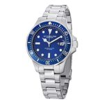 Stuhrling Original Aquadiver Men's Dive Watch with blue dial, unidirectional bezel, and stainless steel bracelet.