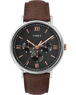Timex Men's Multifunction Brown/Black/Rose Gold Leather Strap Watch