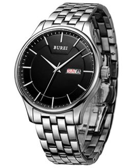 BUREI Men Simple Quartz Watch Black Analog Dial