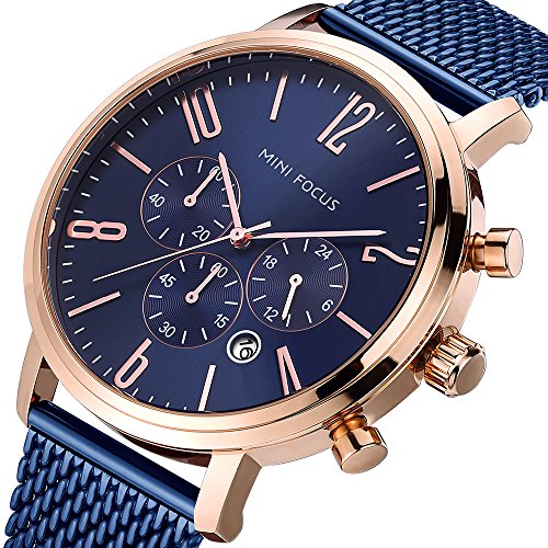 Men's Business Watch, MINI FOCUS Waterproof Steel Mesh Chronograph Watch