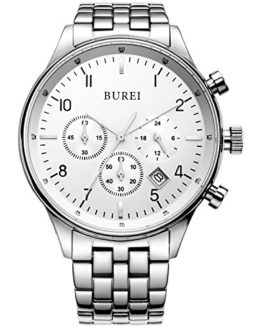 BUREI Men's Multifunction Chronograph Wrist Watch Stainless Steel Bracelet Sapphire Lens Fathe's Day Gifts (Silver)