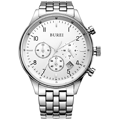 BUREI Men's Multifunction Chronograph Wrist Watch Stainless Steel Bracelet Sapphire Lens Fathe's Day Gifts (Silver)