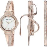 Anne Klein rose gold-tone watch with Swarovski crystal accents, paired with two matching bracelets in an elegant presentation box. 