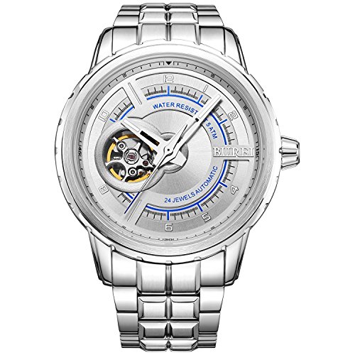 BUREI Men's Stainless Steel Automatic Watch with Silver Bracelet