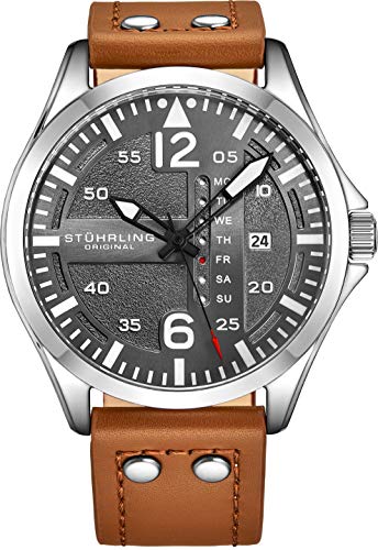 Stuhrling Original Mens Leather Watch - Black Aviation Watch Dial