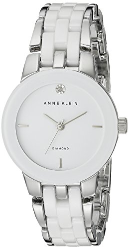 Anne Klein Women's Diamond Dial Silver-Tone and White Ceramic Bracelet Watch