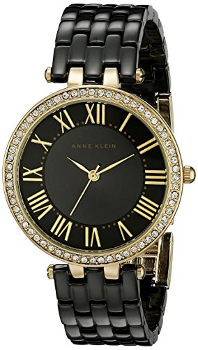 Anne Klein Women's Gold-Tone and Black Leather Watch and Bracelet Set