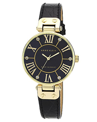 Anne Klein Women's Gold-Tone Black Mother-Of-Pearl Dial Leather Dress Watch