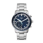 ossil Hybrid Smartwatch with stainless-steel band, blue dial, and advanced smart features.