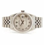 Rolex Datejust 16014 with 18K gold fluted bezel and silver Roman dial, paired with a stainless steel Jubilee bracelet. 