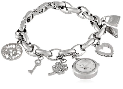 Anne Klein Women's Swarovski Crystal Silver-Tone Charm Bracelet Watch