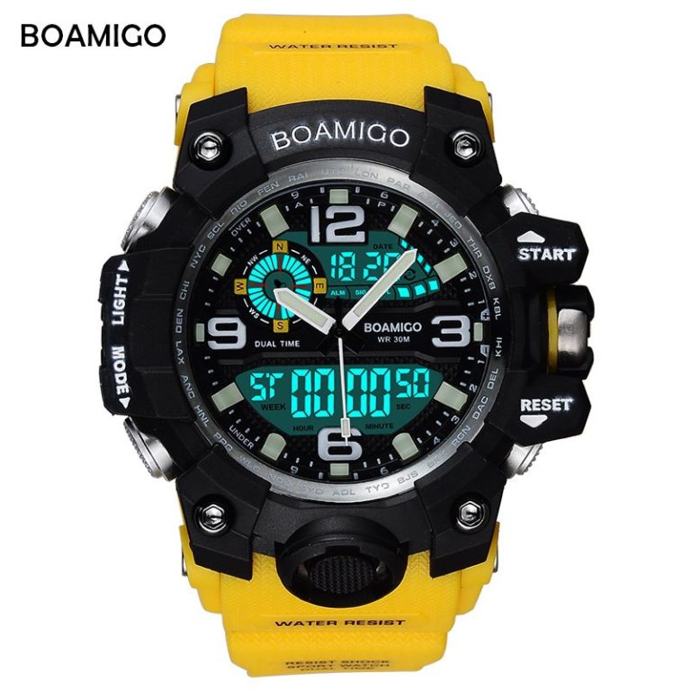 BOAMIGO Brand Men Sports Watches LED Digital Analog Wrist Watch Swim Waterproof Yellow Rubber Gift Clock Relogios Masculino BOAMIGO Brand Men Sports Watches LED Digital Analog Wrist Watch
