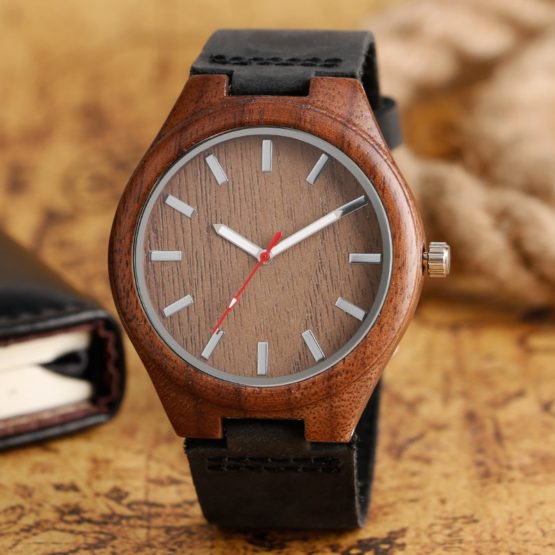 Fashion Quartz Watch Chic Natrual Wooden Wristwatch Black Genuine Leather