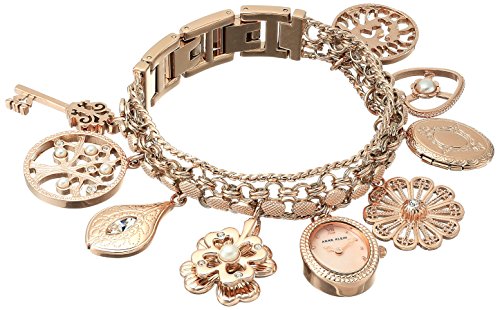 Anne Klein Women's Crystal Accented Rose Gold-Tone Charm Bracelet Watch