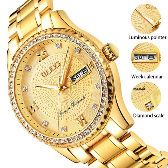 Genuine OLEVS Mens Gold Watches Luxury Quartz Diamond Watch