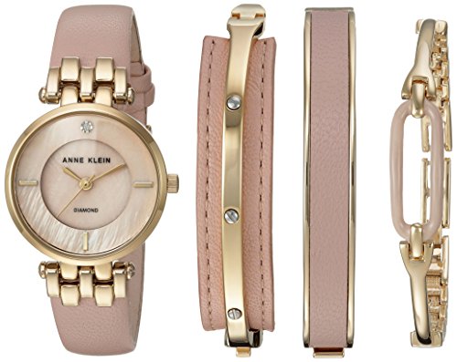 Anne Klein Women's Diamond-Accented Gold-Tone and Pink Leather Watch