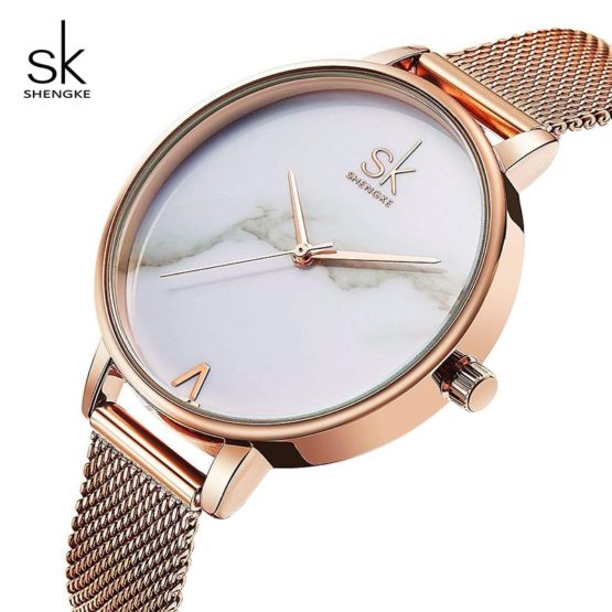 Shengke Creative Marble Dial Watches Women Luxury Stainless Steel Quartz Watch