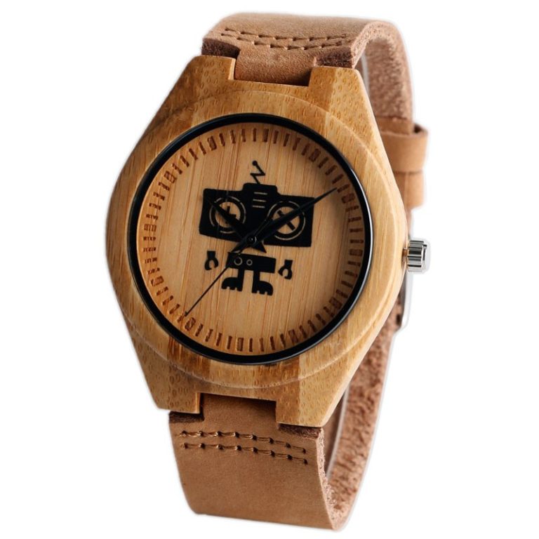 Hot Selling Wood Wristwatch Creative Robot Pattern Genuine Leather Band Strap Boy Men Wrist Watch Casual Fashion Unique Watches 2 Hot Selling Wood Wristwatch Creative Robot Pattern Genuine Leather Band