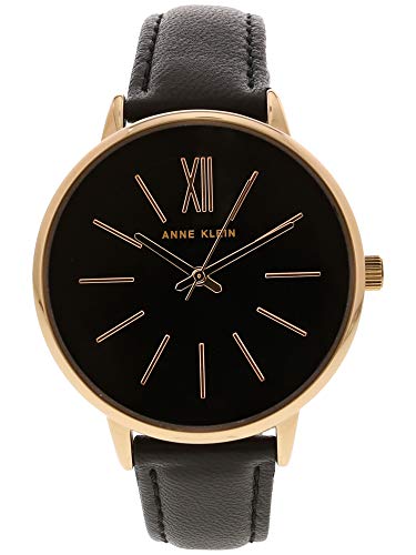 Anne Klein Women's Rose Gold-Tone and Black Leather Strap Watch