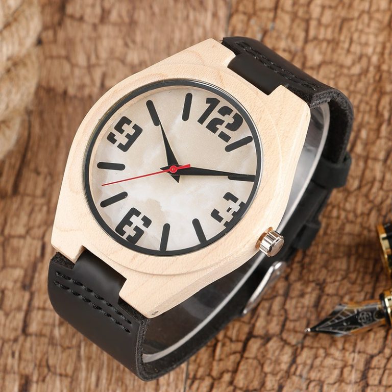 Bamboo Creative Wooden Watch Marble Face Nature Wood Genuine Leather Band Strap Mens Wrist Watch Reloj de madera 2 Bamboo Creative Wooden Watch Marble Face Nature Wood Genuine Leather