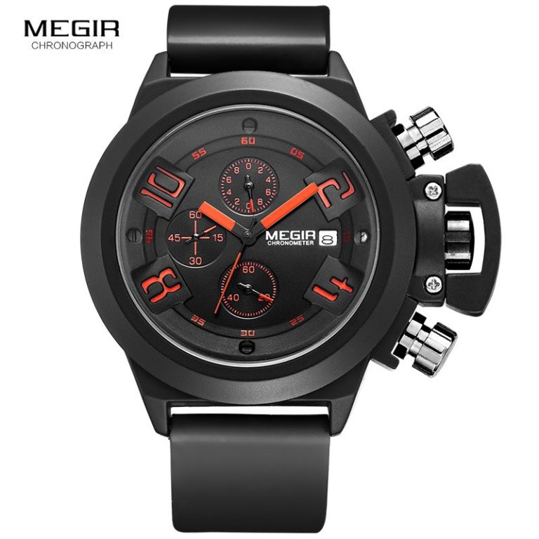 Megir Fashion Mens Silicone Band Sport Quartz Wrist Watches Analog Display Chronograph Black Watch for Man with Calendar 2002 Megir Fashion Mens Silicone Band Sport Quartz Wrist Watches