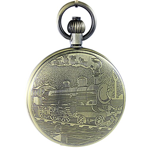 Retro Train Waterproof Pocket Watch with Self-Winding Automatic Skeleton Mechanical Movement, Bronze Finish, and Date Calendar.