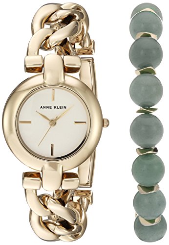 Anne Klein Women's Gold-Tone Watch and Gemstone Beaded Bracelet Set