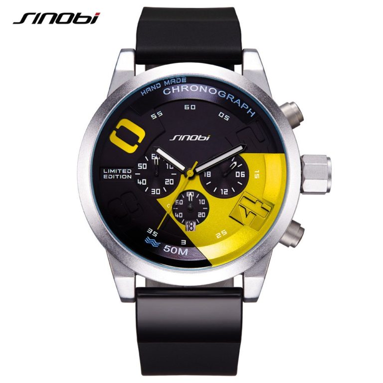 SINOBI Men's Sports Watches Waterproof Yellow Dial Man Full Steel Chronograph Quartz Wrist Watch 2017 Racing Relogio Masculino SINOBI Men's Sports Watches Waterproof Yellow Dial Man