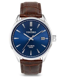 Vincero Luxury Men’s Kairos Wrist Watch — Blue dial with Brown Leather Watch Band — 42mm Analog Watch — Japanese Quartz Movement