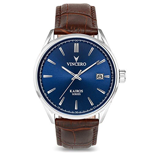 Vincero Luxury Men’s Kairos Wrist Watch — Blue dial with Brown Leather Watch Band — 42mm Analog Watch — Japanese Quartz Movement