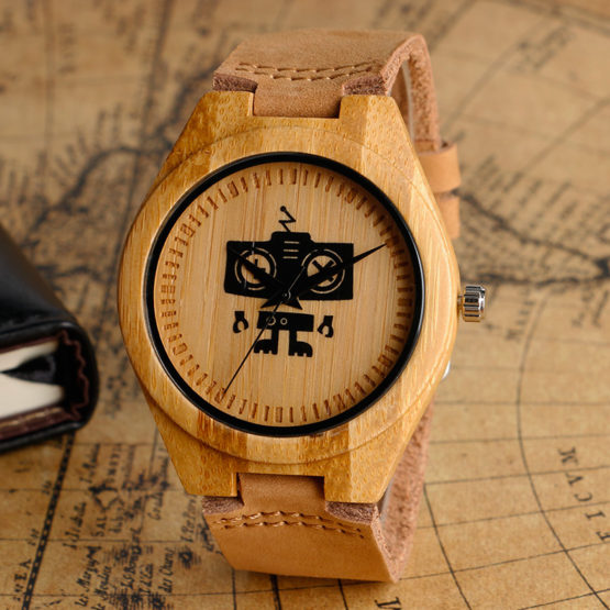 Cute Robot Designer Natural Wood Watch - Embrace Nature with Style
