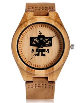 Hot Selling Wood Wristwatch Creative Robot Pattern Genuine Leather Band