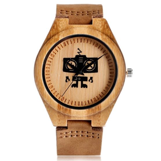 Hot Selling Wood Wristwatch Creative Robot Pattern Genuine Leather Band