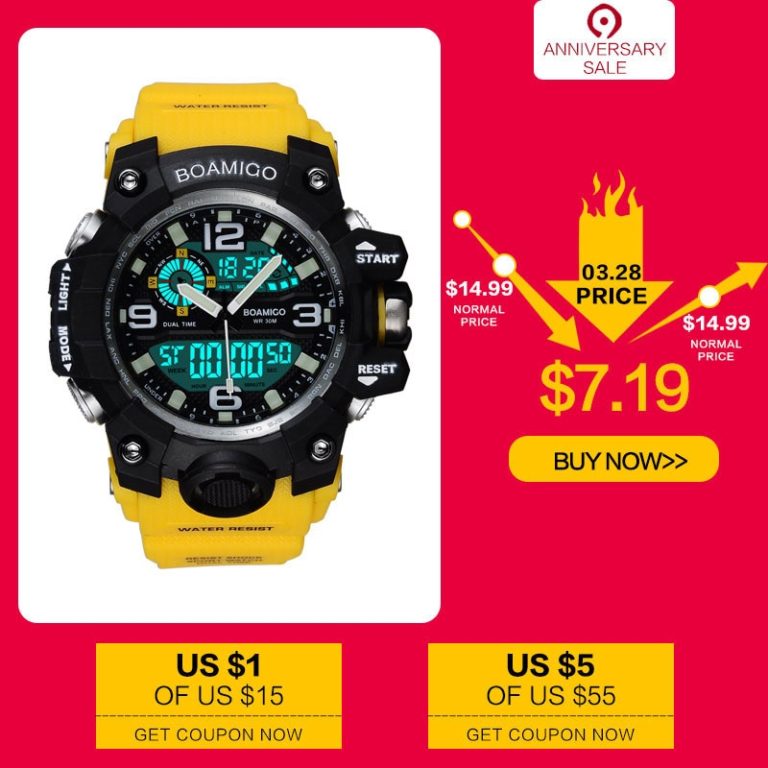 BOAMIGO Brand Men Sports Watches LED Digital Analog Wrist Watch Swim Waterproof Yellow Rubber Gift Clock Relogios Masculino 2 BOAMIGO Brand Men Sports Watches LED Digital Analog Wrist Watch