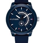 Tommy Hilfiger blue round stainless steel watch with a durable silicone strap and multi-function display.