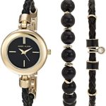 Anne Klein Women's Gold-Tone and Black Leather Watch and Bracelet Set