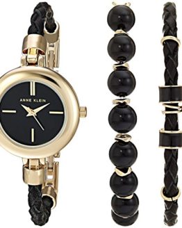 Anne Klein Women's Gold-Tone and Black Leather Watch and Bracelet Set