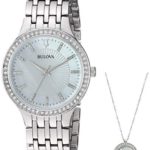 An elegant Bulova Dress Watch (Model: 96X146) featuring a mother-of-pearl dial, Swarovski crystal bezel, and matching pendant, perfect for elevating any outfit or gifting a loved one. 