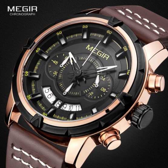 Megir Mens Brown Leather Strap Sport Chronograph Quartz Wrist Watchesa