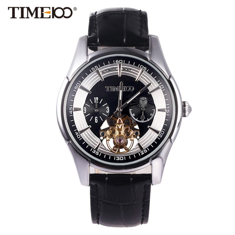 Time100 Men Mechanical Watches Automatic Self-Wind Leather Strap