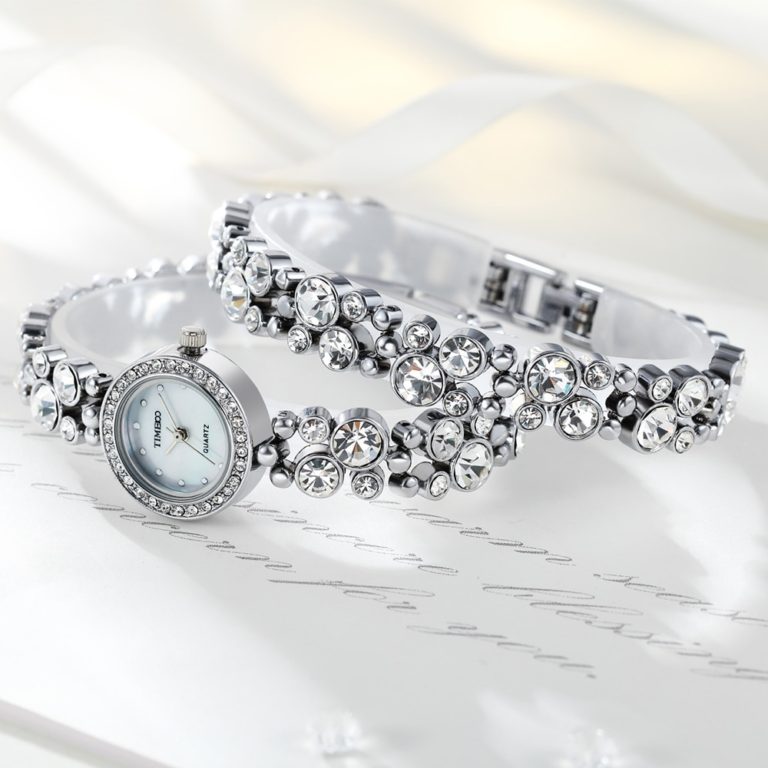 Time100 Women Bracelet Watches Fashion Quartz Watch Silver Diamond