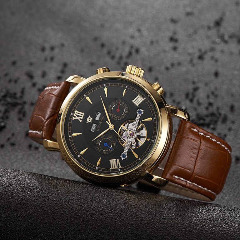 Ouyawei Mens Mechanical Tourbillon Calendar Watches Automatic