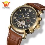 Ouyawei Mens Mechanical Tourbillon Calendar Watches Automatic Self Widing Luxury Gold Coffee Leather Waterproof Wrist Watch Men