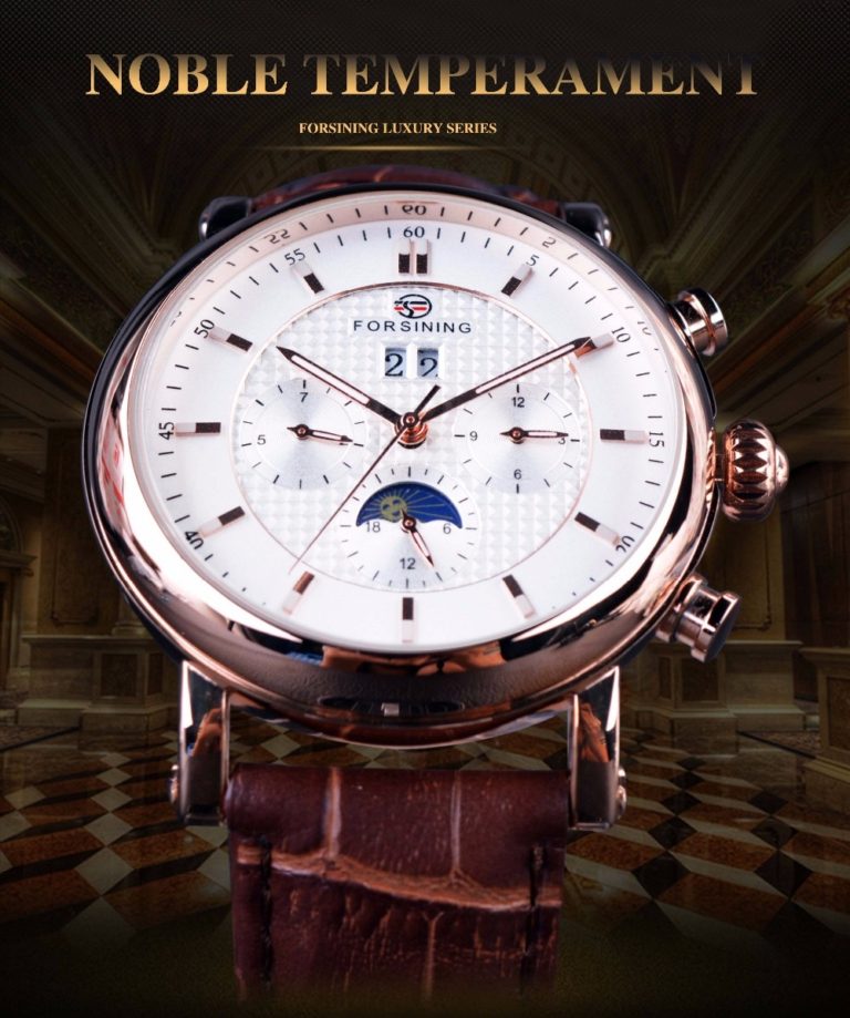 Forsining Luxury Rose Golden Series Moon Phase Calendar Design Clock